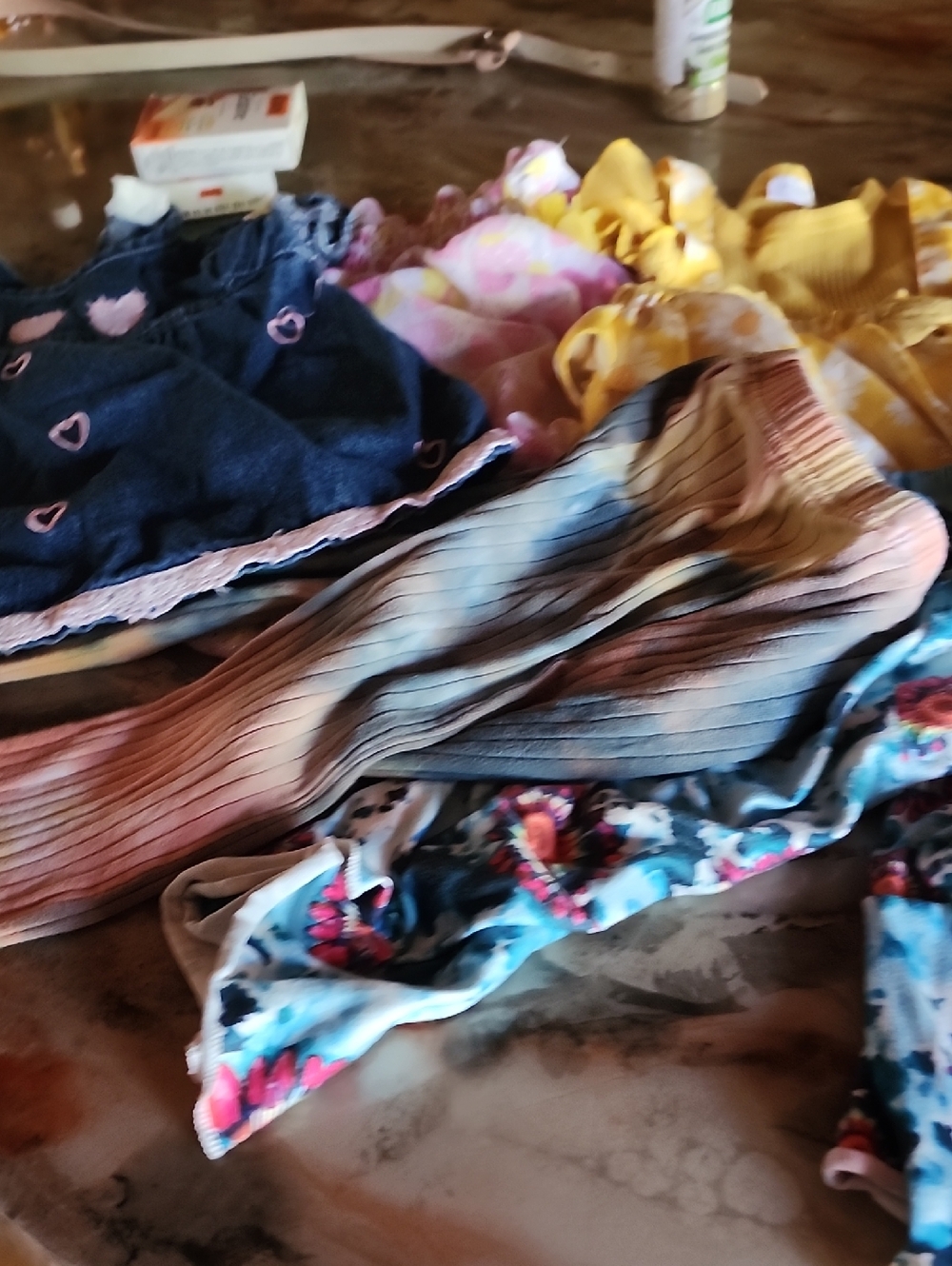 Girls 12 /18 Month Bundle 2 Onsies Denim Dress 2 Bellbottom Pants